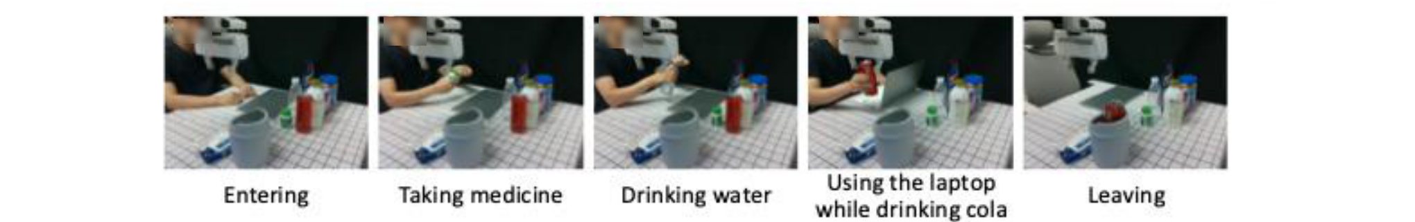 The medication routine: the person enters empty-handed, takes a pill with water, then drinks a Coke while working.